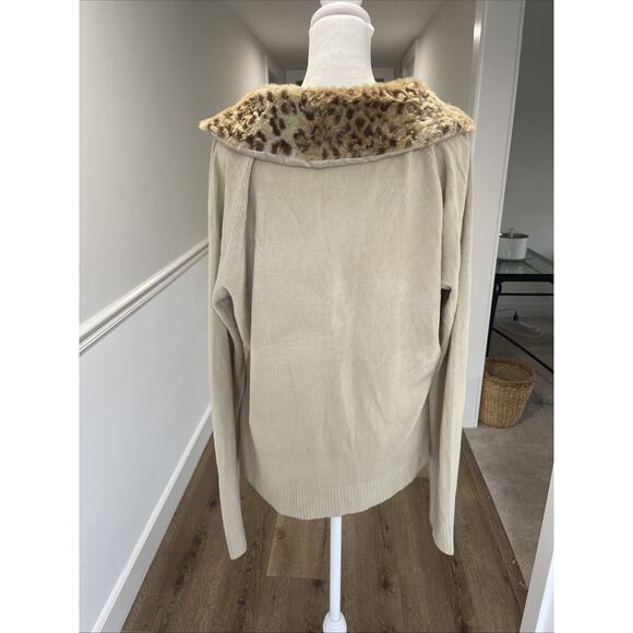 Leopard Collar Cardigan Beige Pearl Button-Up Cardigan Sz L* 50s Retro Hollywood - Picture 3 of 13